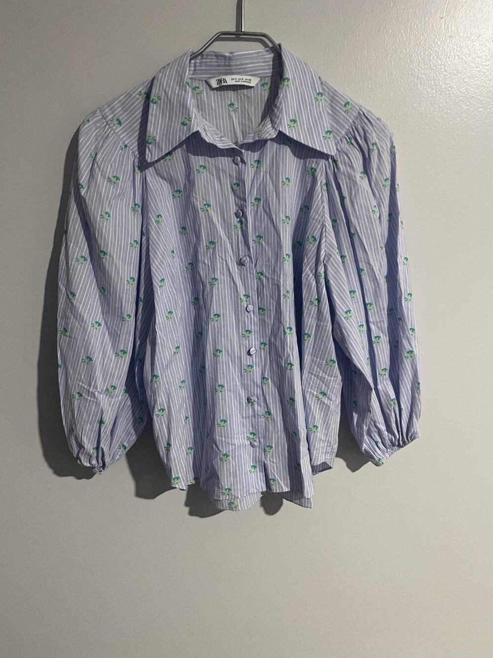 Zara Button-Up Womens S Blue Striped Balloon Sleeve Collared Cotton Relaxed
